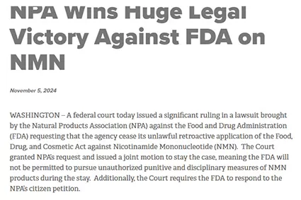 Peraturan mahkamah persekutuan memihak kepada NPA, mengangkat pengharaman NMN di amerika syarikat